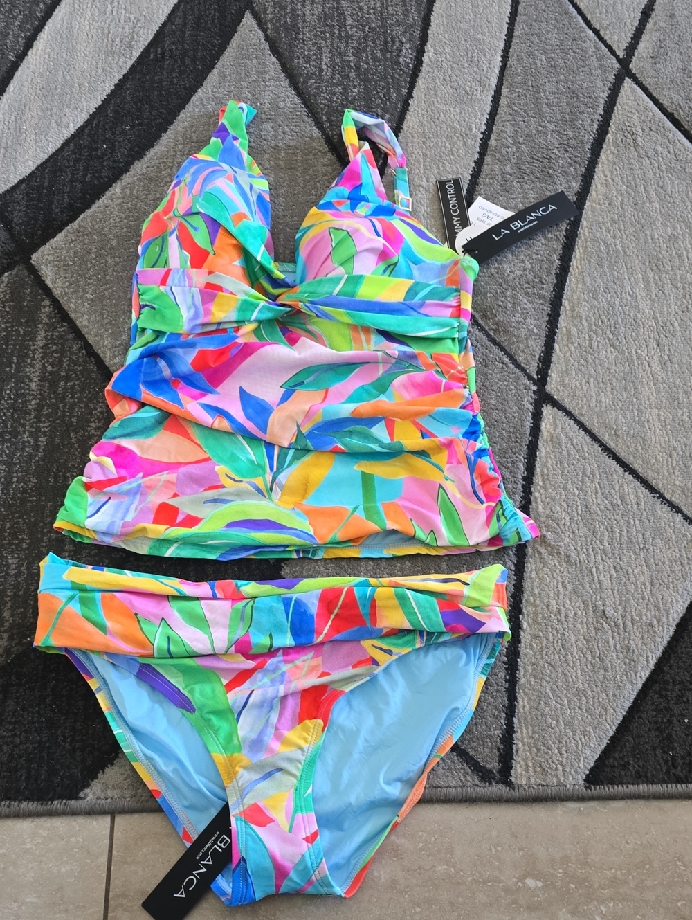 La Blanca Multicolor Leaf-Print Tankini Set - Bright Rainbow Colors Sz 8 Nwt